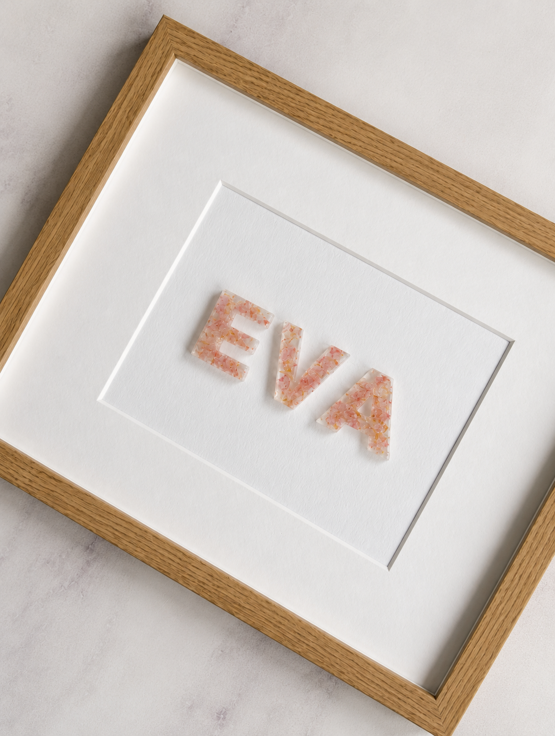 Ever After Bloom personalised name frame with real flowers set in resin letters, UAE keepsake gift