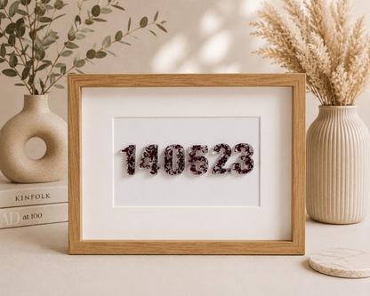 Personalised floral date frame — a date in resin numbers filled with real flowers, 20x30cm, anniversary keepsake UAE