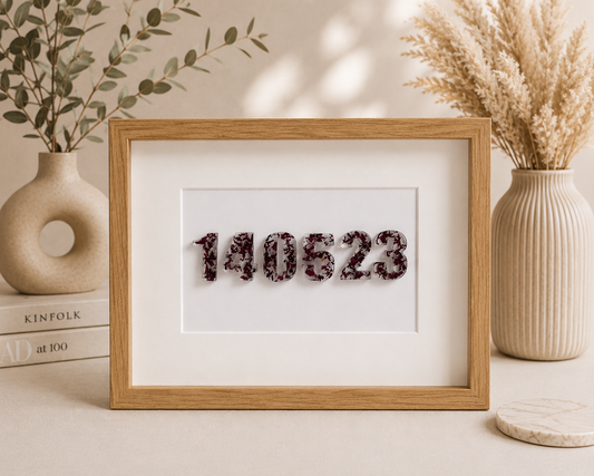 Personalised floral date frame — a date in resin numbers filled with real flowers, 20x30cm, anniversary keepsake UAE